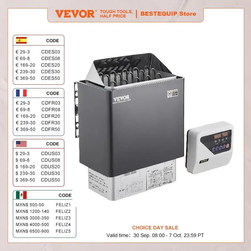 VEVOR Sauna Heater 3/4.5/6/9KW 220V Electric Sauna Stove Steam Bath Sauna Heater for Max. 317-459 Cubic Feet Home Hotel Spa