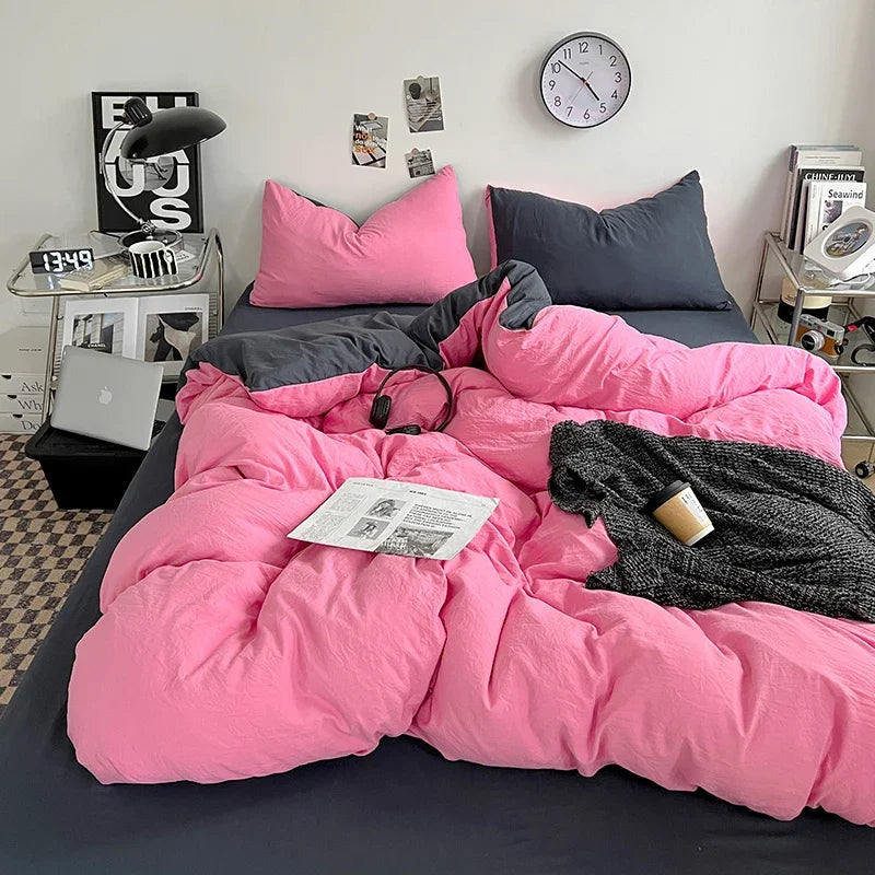Solid Color Duvet Cover Set 100% Washed Cotton Bedding Set Super Soft Comfortable Lightweight Comforter Cover with 2 Pillowcases