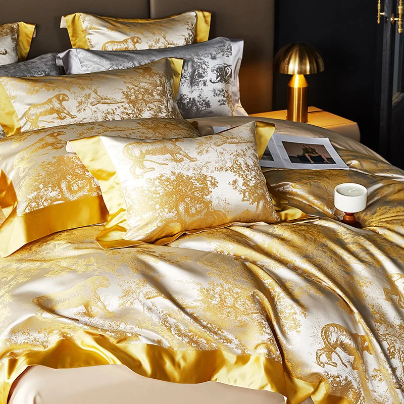 Luxury Golden Brocade Jacquard Cotton Bedding Set Duvet Cover Linen Fitted Sheet Pillowcases Home Textile