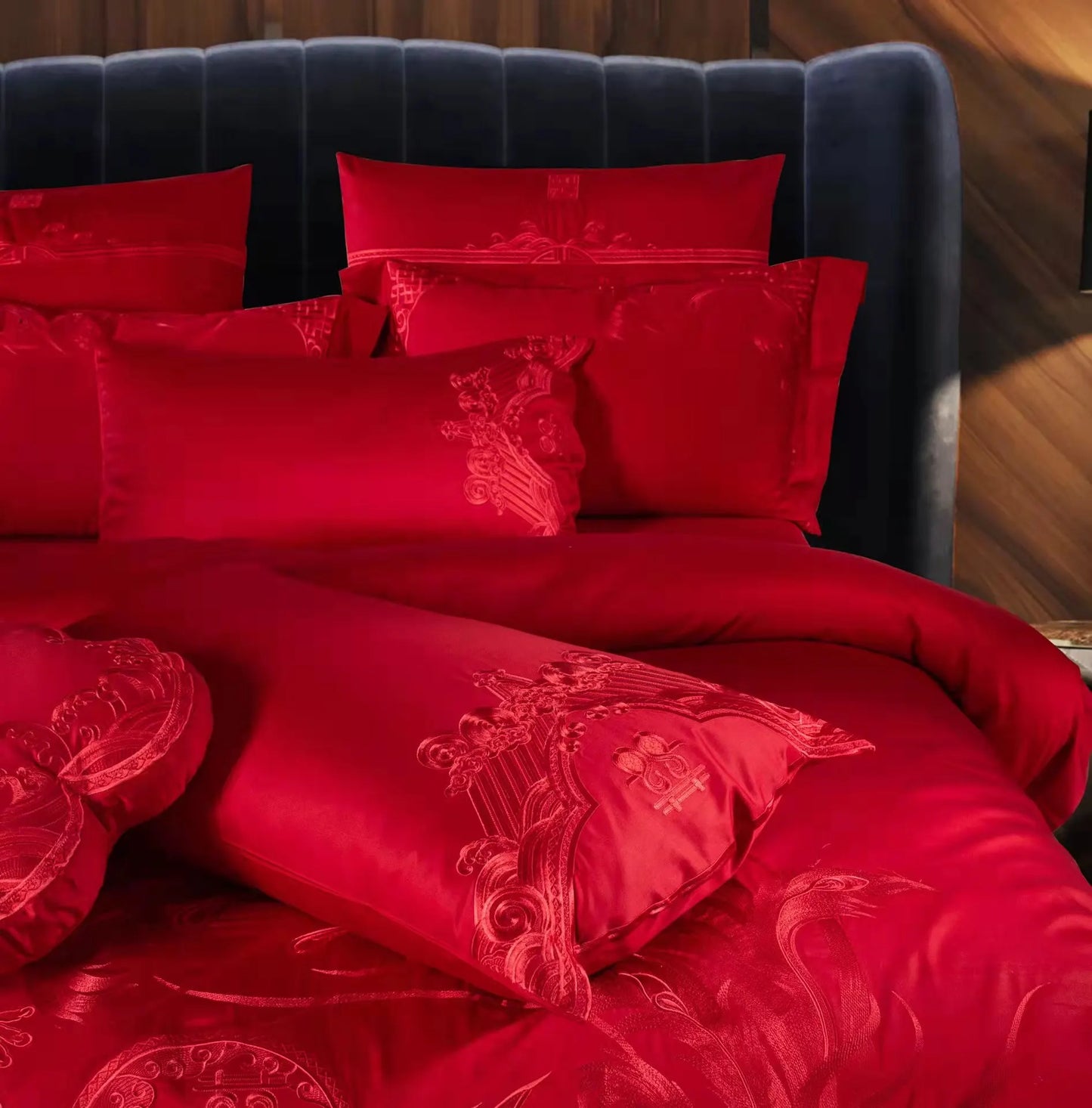 160 Thread Count Long Staple Cotton Embroidered Wedding Four Piece Set of Joyful Red Wedding Bedding Products