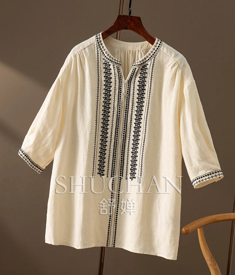 100% Linen Five-Sleeve Embroidered Shirt Women Blusas Femininas  Women Tops  Shirts for Women  Blusas De Mujer