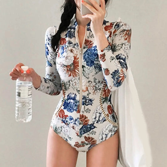 Women Long Sleeve Bathing Suits Vintage Floral Printed Hollow Out Fashion Swimwear Women Front Zipper Up Sexy Surfing Suit