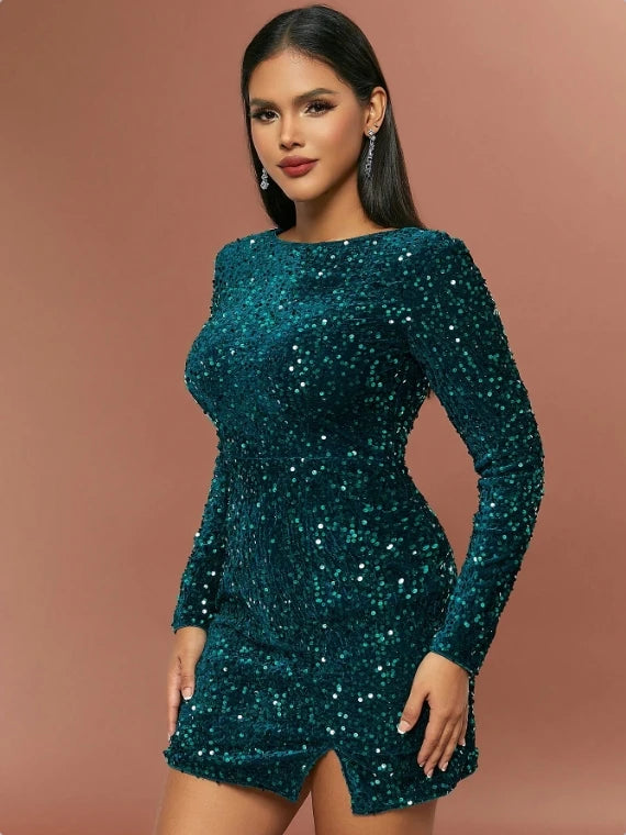 D&M Blue Sexy Bodycon Dress Long Sleeve Sequins Elegant Party Dresses Women New Year's Eve Dresses Sukienki Imprezowe 2024