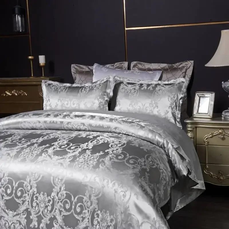 2/3PCS Luxury Jacquard Bedding Set King Size Duvet Cover Flower Golden Grey High Quality  with 2 Pillowcase（single 1 Pillowcase）