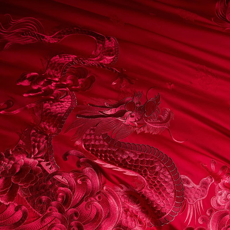 Luxury Gold/Red Loong Phoenix Embroidery Chinese Wedding Tassels Egyptian Cotton Bedding Set Duvet Cover Bed Sheet Pillowcases