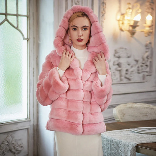 Women's Fur Coat 2223 Trend Natural Fur Long Mink Pink Hooded Outerwear Jackets Trench Coats New Outdoor Clothes Clothing Free