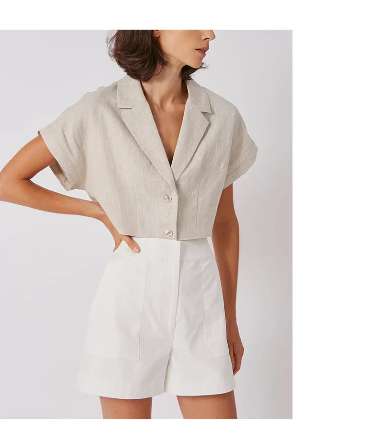 100% Linen Women'S Shirt Vintage Notched Collar Short Sleeve Button Up Shirts Elegant Fashion Woman Blouses 2024 Blusas Feminina