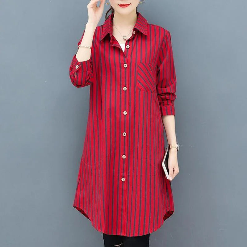 Casual Korean Midi Striped Print Shirt for Female Turn-down Collar Single-breasted Fashion Long Sleeve Blouse Women's Clothing