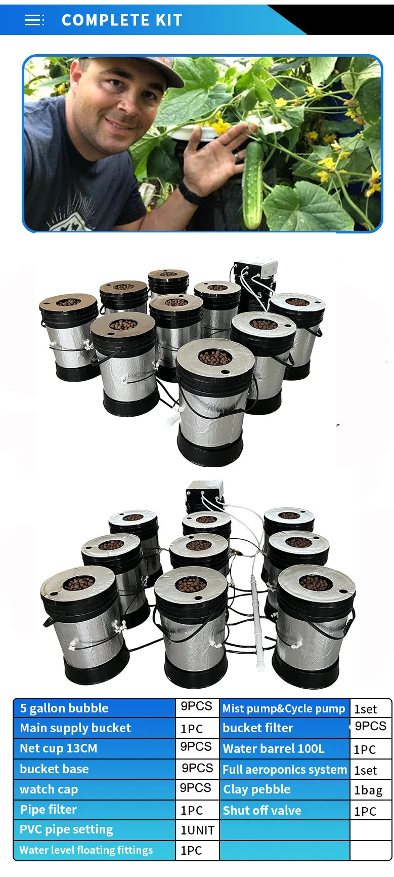 9pcs Recirculating aeroponics system 5 gallon growing hydroponics bucket system