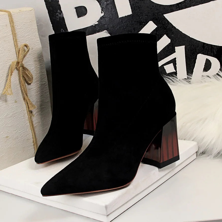 Woman Ankle Length Flock Boots Women Fashion Pointed Toe High Heel Shoes Winter Ankle Boots Ladies Shoes 1718-2