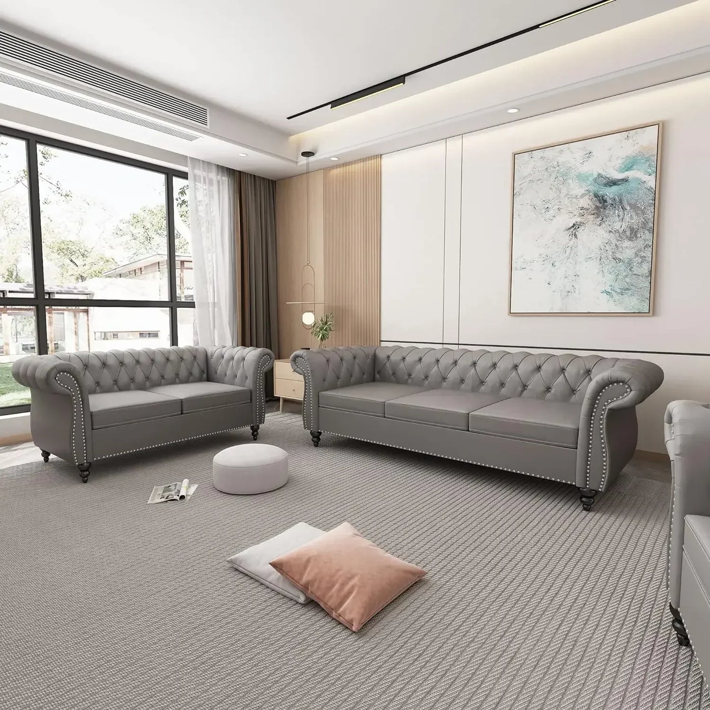 2 Piece Living Room Set, Chesterfield Leather Sofa Loveseat Couch Chair with Scroll Arms and Nailhead for Living Room, Sofa