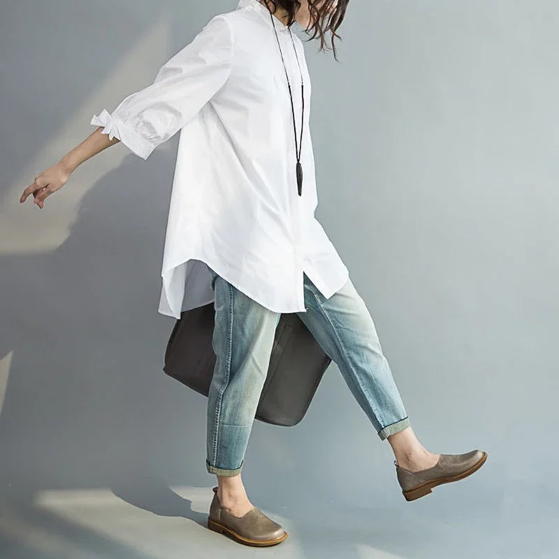 Summer 100% Cotton Women White Shirts Fashion Long-sleeve Large Loose Blouse Bow Fashion Lady Clothing 0.24KG