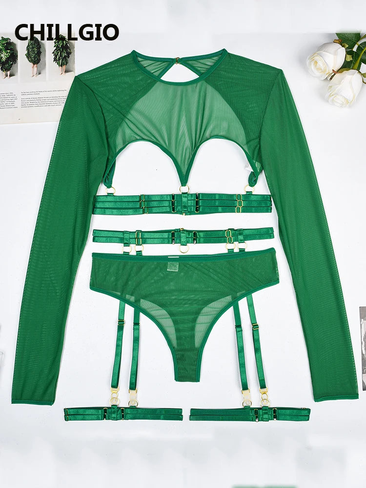 CHILLGIO Women Transparent Mesh Bra Brief Suits Fashion Bodycon Lingerie Erotic O Neck Long Sleeve Solid Intimate Underwear Sets