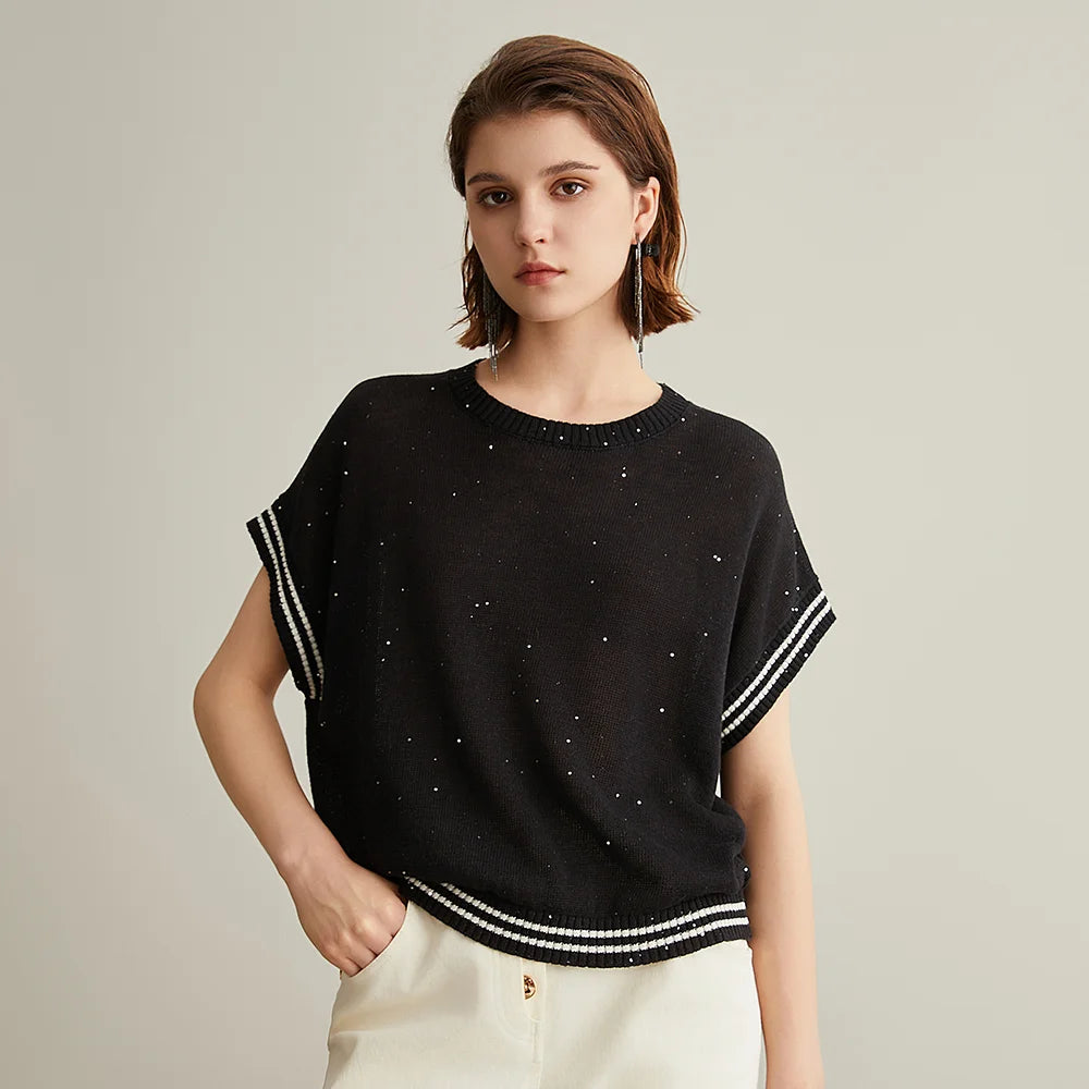 BC656 Western Style Luxury Brand Women's Clothing Summer Sequin Ladies Knitted Pullover 100% Linen Sweaters For Women
