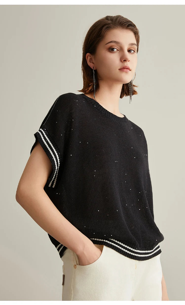 BC656 Western Style Luxury Brand Women's Clothing Summer Sequin Ladies Knitted Pullover 100% Linen Sweaters For Women