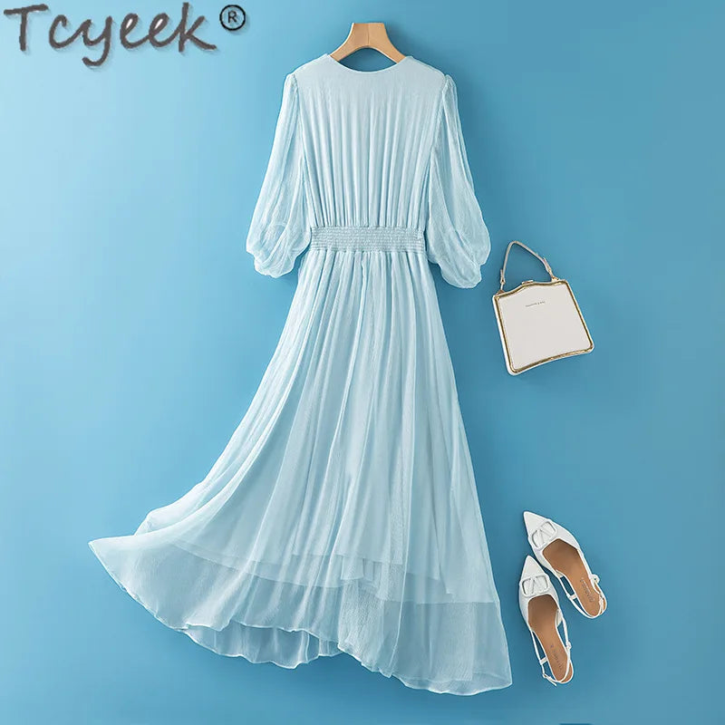Tcyeek 100% Mulberry Silk Dress Women Clothes Fashion Summer Dresses 2024 Elegant and Pretty Women's Dresses Waist Vestido Mujer
