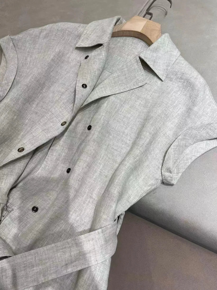 Women 100% Linen Rompers Front Buttons Short Sleeve Turn-down Collar Solid Color Elegant Jumpsuits
