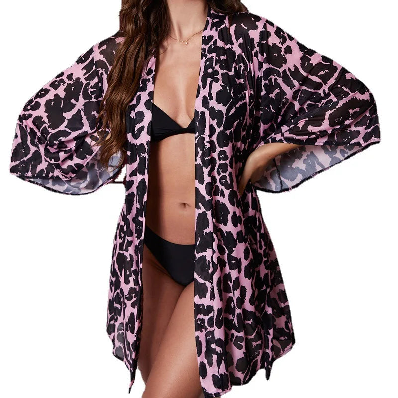 Pink Faux Silk Robe Sexy Leopard Print Kimono Bathrobe Mini Nightgown Summer New Peignoir Elegant Sleepwear Intimate Lingerie