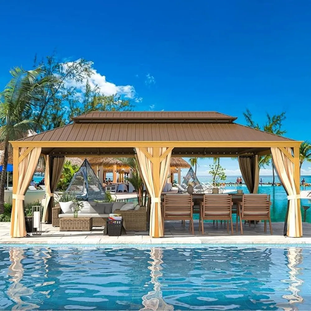 14 'x 22' wooden hardtop pavilion, galvanized steel double-layer roof, aluminum frame, with mesh and curtains