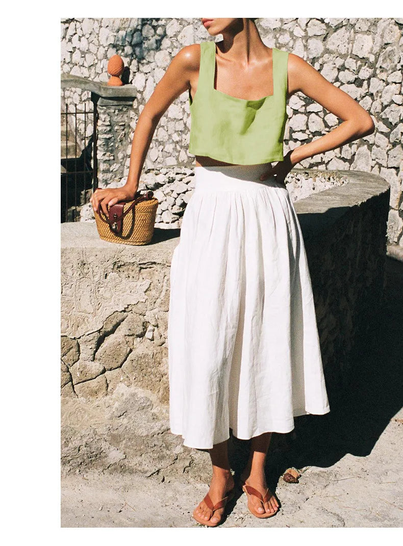100% Linen White Crop Top 2024 Summer Vintage Square Collar Sleeveless Streetwear Green Top Fashion Clothing