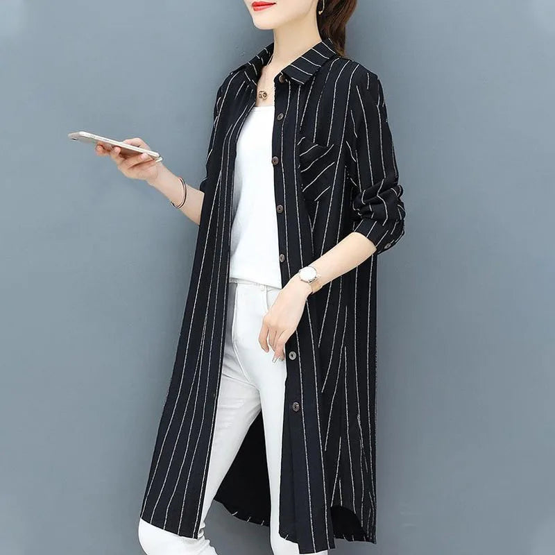 Casual Korean Midi Striped Print Shirt for Female Turn-down Collar Single-breasted Fashion Long Sleeve Blouse Women's Clothing