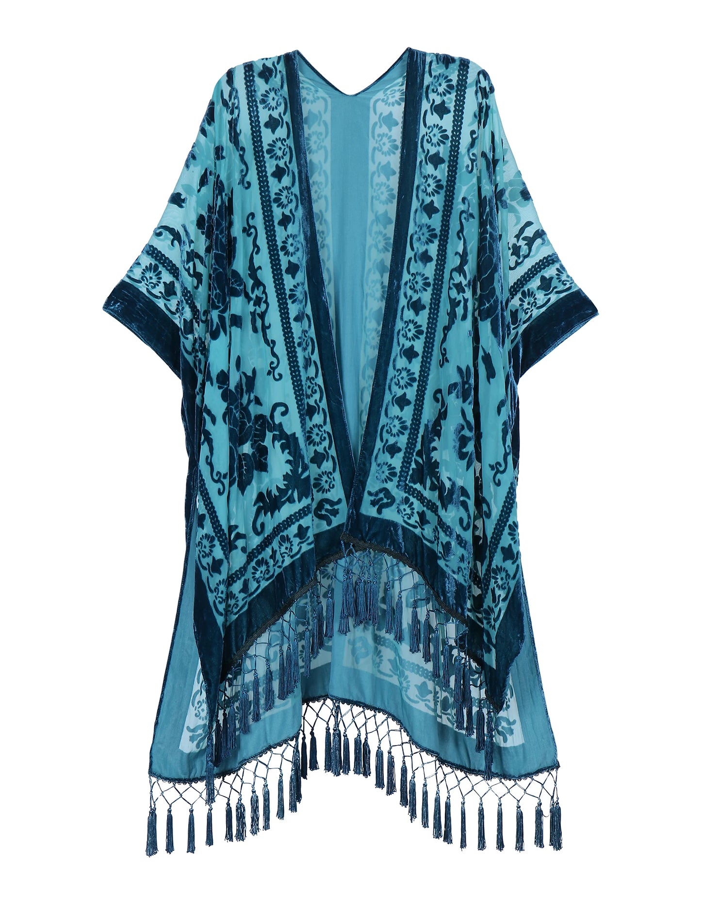 WeHello Burnout Velvet Kimono For Women Luxury Fashion Long Cardigan With Tassel Beach Cover-up Holiday Cardigan Shawl