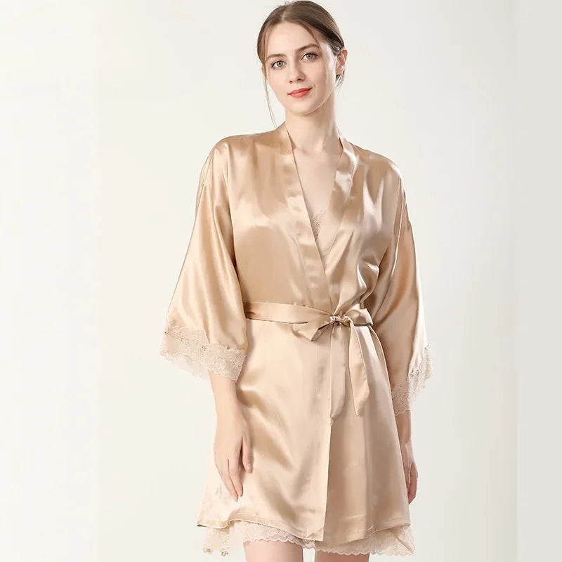 100% Mulberry Silk Women's Silk Robe Set Luxury Night Wear Solid Color Pajamas Lace Trim Two Piece Silk Sleep Robes Nightgown