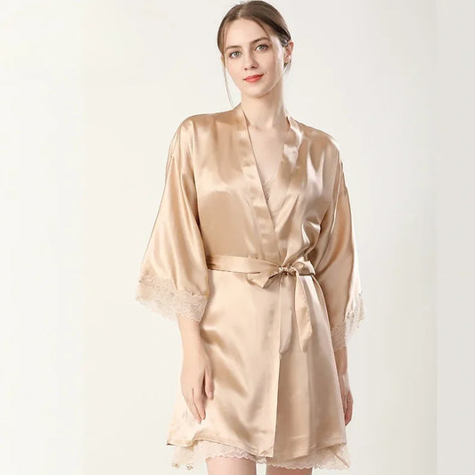 100% Mulberry Silk Women's Silk Robe Set Luxury Night Wear Solid Color Pajamas Lace Trim Two Piece Silk Sleep Robes Nightgown