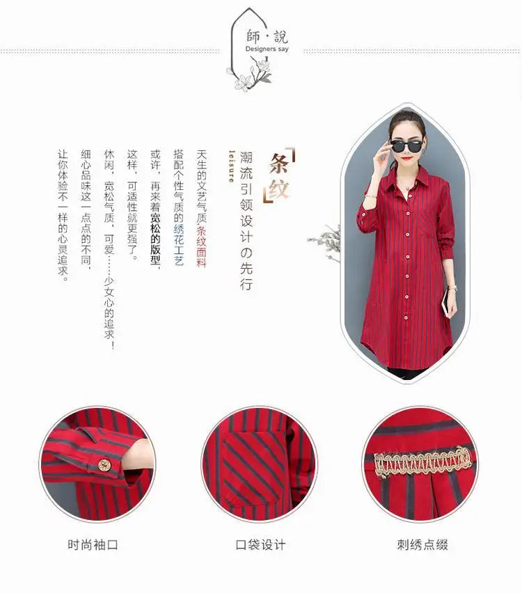 Casual Korean Midi Striped Print Shirt for Female Turn-down Collar Single-breasted Fashion Long Sleeve Blouse Women's Clothing
