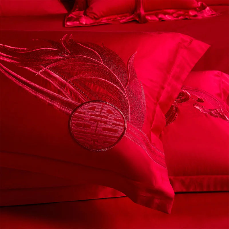 Pink Luxury Chinese Style Wedding Bedding Set Satin Jacquard Egyptian Cotton Peony Embroidery Duvet Cover Bed Sheet Pillowcases