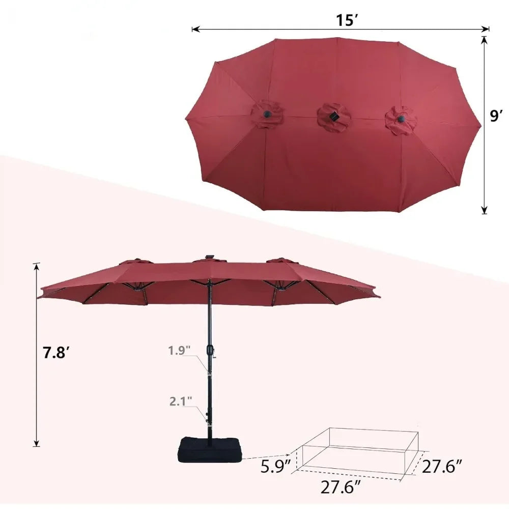 15 ft Extra Large Patio Umbrella with Solar Lights, Rectangular Outdoor Umbrella with Base Included,  Dark Red