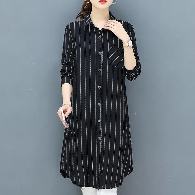 Casual Korean Midi Striped Print Shirt for Female Turn-down Collar Single-breasted Fashion Long Sleeve Blouse Women's Clothing