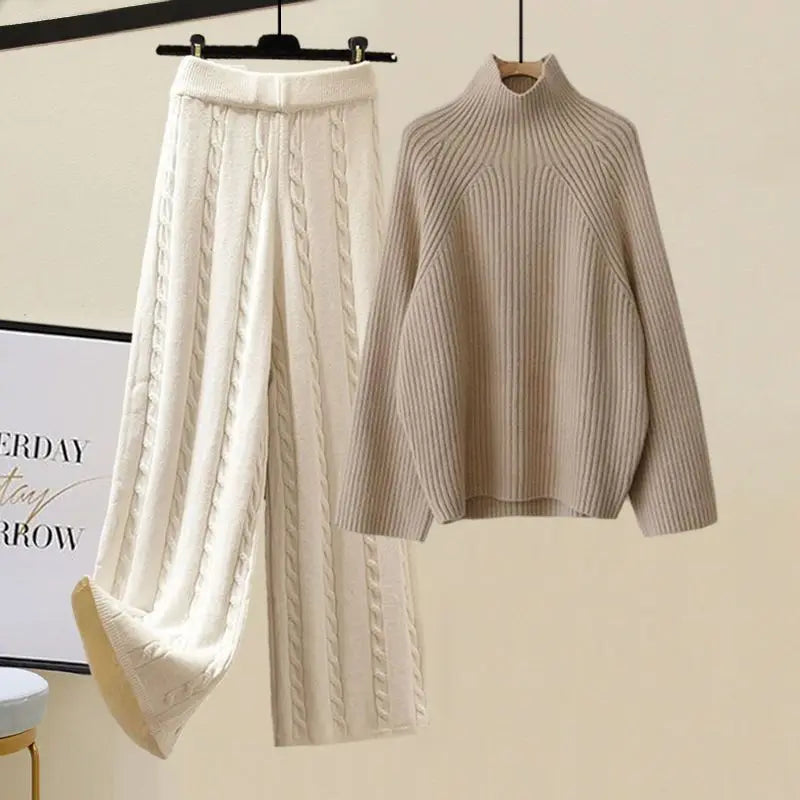 Arge Size Women's Autumn and Winter Set 2024 New Cotton Vest Knitted Sweater Versatile Wide Leg Pants Three Piece Set Pant Sets