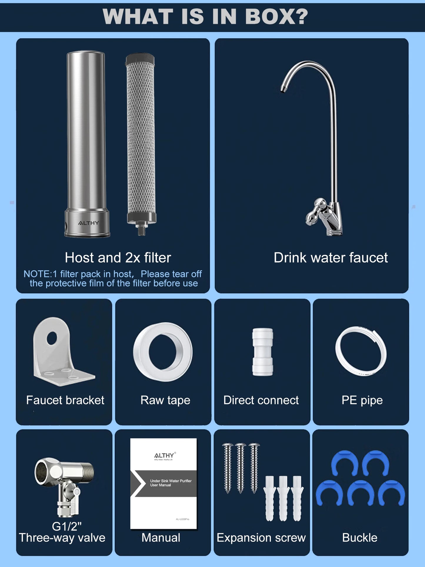 ALTHY U200PRO Kitchen Under Sink Drinking Water Filter Purifier With Faucet Reduces Bacteria, Metal,Lead, Chlorine and Odor