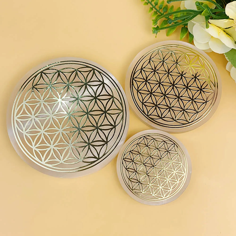 Natural Selenite Slice Slab Flower of LIfe Gold Pattern Healing Energy Charging Plate For Cleansing Fengshui Meditation 7 Chakra