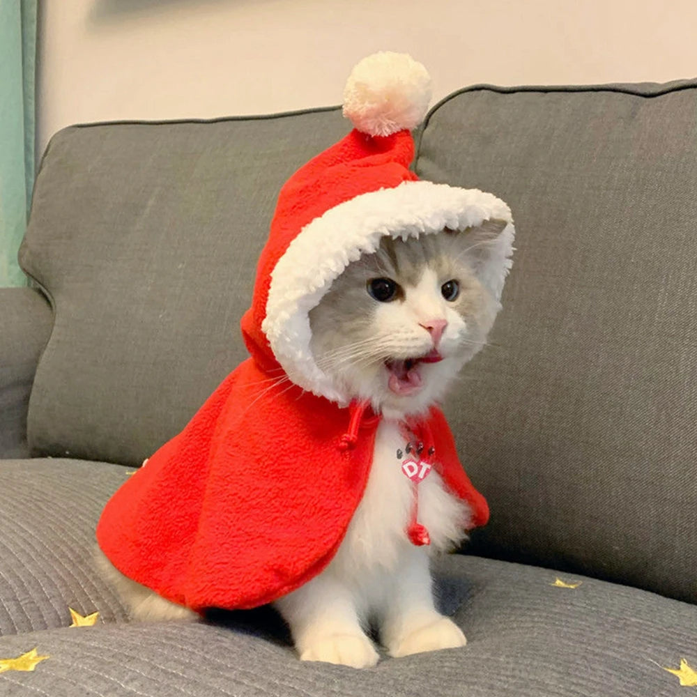 Winter Cat Costume Santa Cosplay Funny Transformed Cat Dog Pet Christmas Cape Dress Up Clothes Red Scarf Cloak Props Decoration