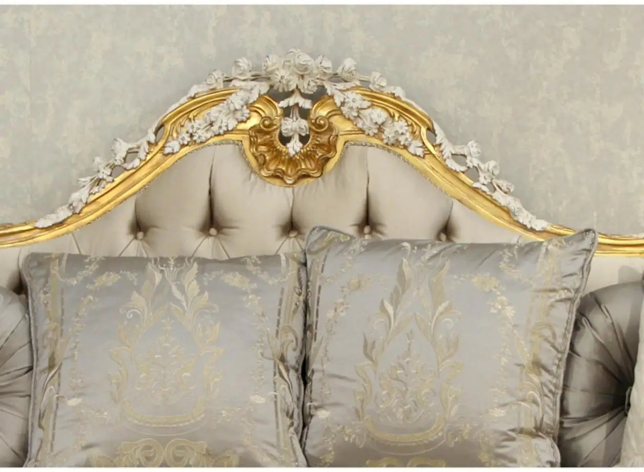 Living room furniture solid wood French retro European luxury palace cloth sticker gold foil rose flower carved gray sofa
