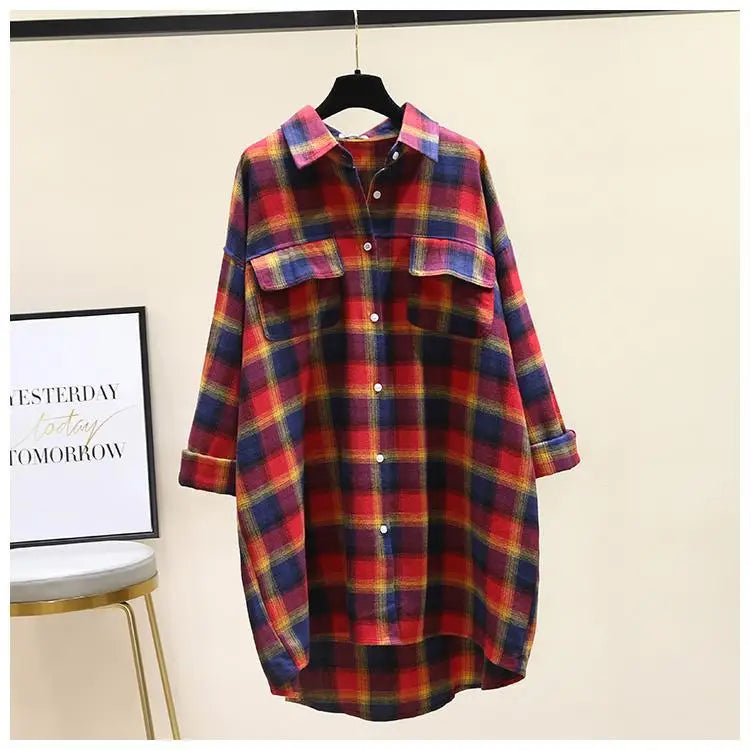 Fashion Women's Blouses Contrasting Colors Plaid Polo-Neck Shirt Female 2022 Autumn Korean Loose Long Sleeve Casual Pockets Tops
