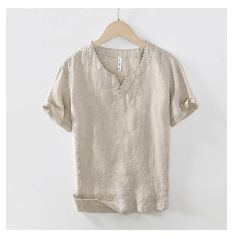 Summer New 100% Linen Short Sleeve T Shirt for Men Casual Thin Solid Color Slim Men Clothing BL998