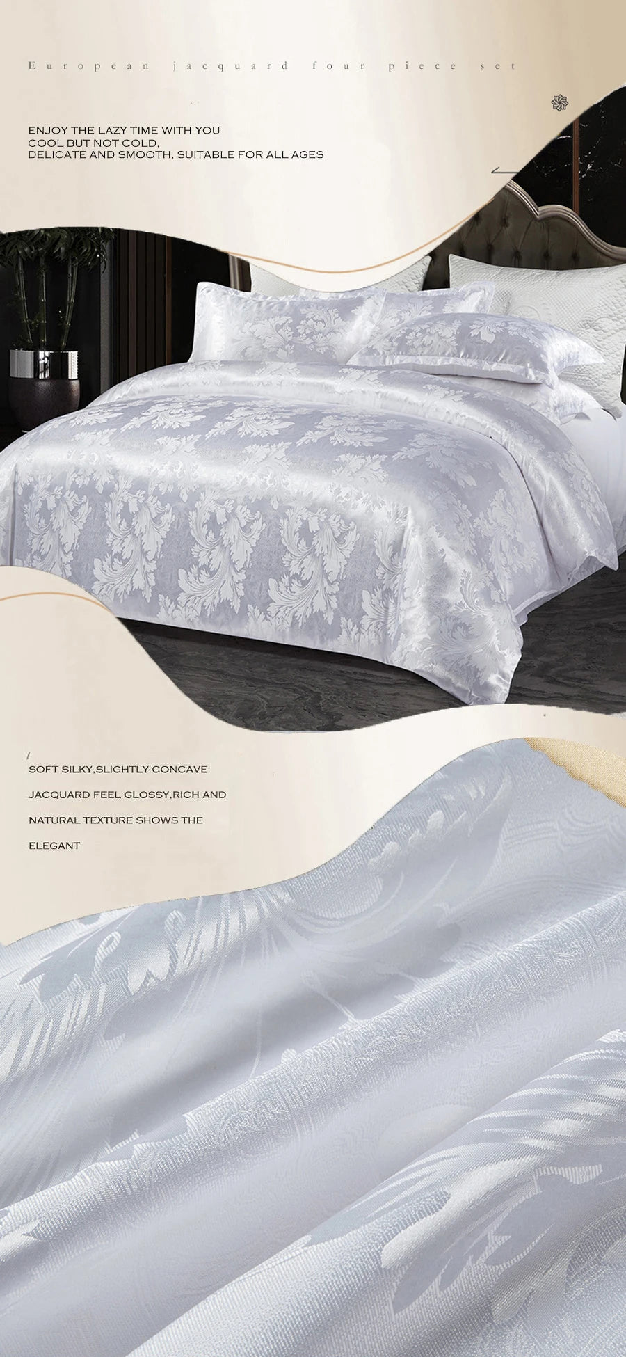 WASART Satin rayon jacquard white duvet cover couple 2 people double bed quilt cover bedding set queen king size comforter set
