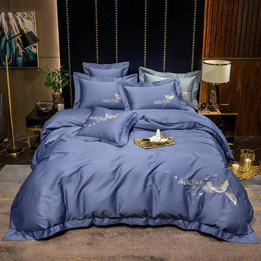 2022 Long-staple Cotton Embroidery Plain Color Four-piece Bed Linen  Four Seasons Universal  Light Luxury Style Bedding Blue