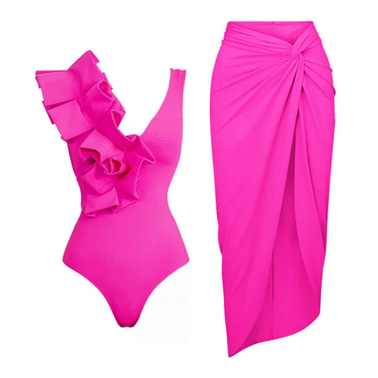 Women's Ruffled Swimsuit One-piece with Sarong, Cover Up, Pareo Beach Dress Luxury Designer Bathing Bodysuit 2023