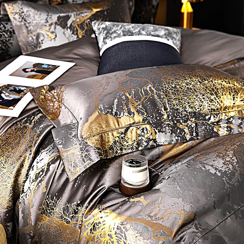 Luxury Silver Gray gold Satin Jacquard Bedding Set 1000TC Egyptian Cotton Queen King Size Duvet Cover Set Bed Sheet Pillowcases