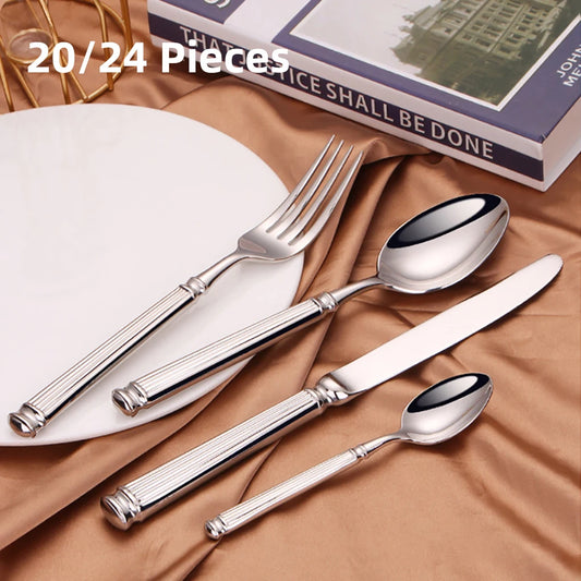 Western Silver Cutlery Set Stainless Steel  Luxury Elegant Tableware Dinner Knife Fork Spoon Mirror Kitchen Utensils 20Pcs 24Pcs