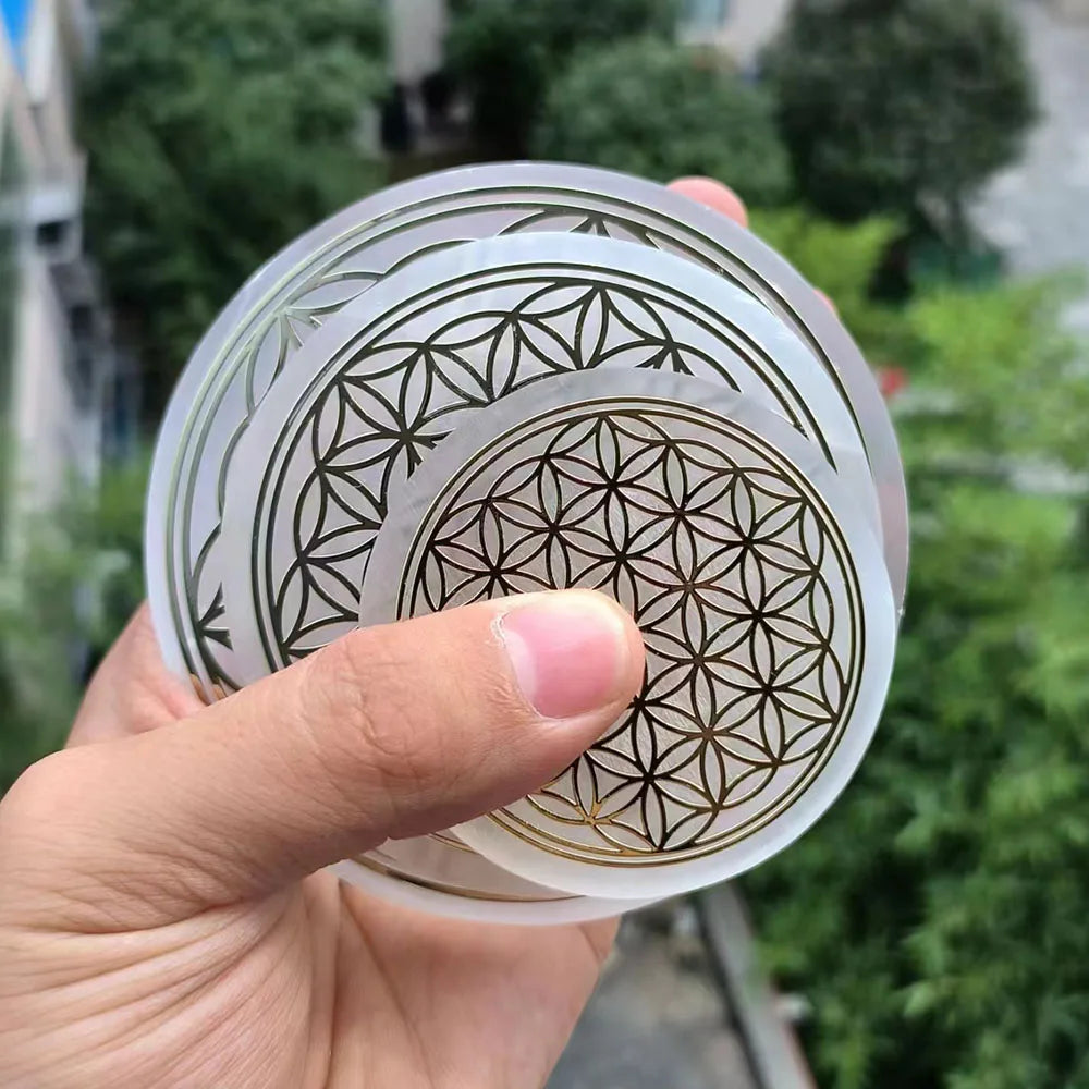 Natural Selenite Slice Slab Flower of LIfe Gold Pattern Healing Energy Charging Plate For Cleansing Fengshui Meditation 7 Chakra