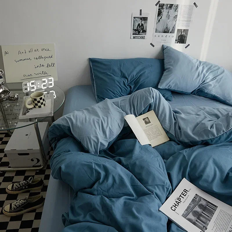 High Quality Solid Color Double Washed Cotton Bedding 4 Pieces Set Student Dormitory Bed Linen Duvet Set Bed Suit