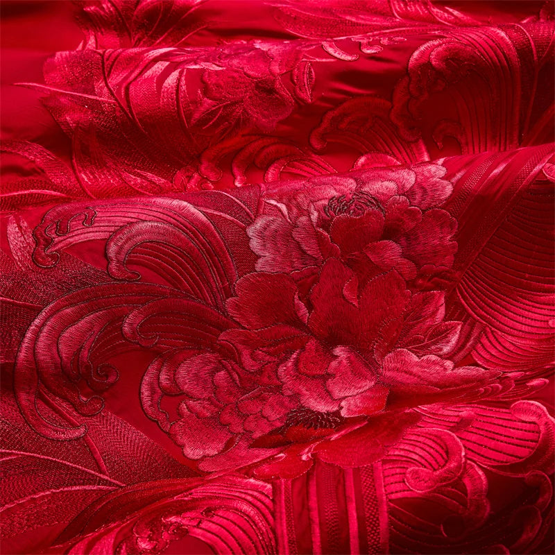 Pink Luxury Chinese Style Wedding Bedding Set Satin Jacquard Egyptian Cotton Peony Embroidery Duvet Cover Bed Sheet Pillowcases