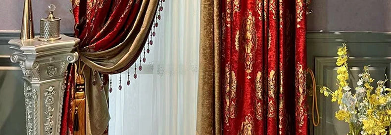 Red Gilded Jacquard Thickened Chenille Patched Curtains for Living Room Bedroom French Window Villa Customization Valance