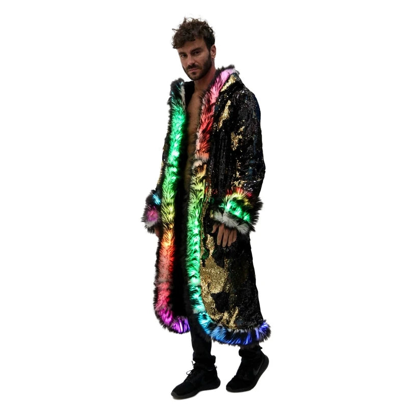 New LED Costume Faux Fur Coat Long Hooded Flash Clothes Burning Man Clothing Men's Faux Fur Coat