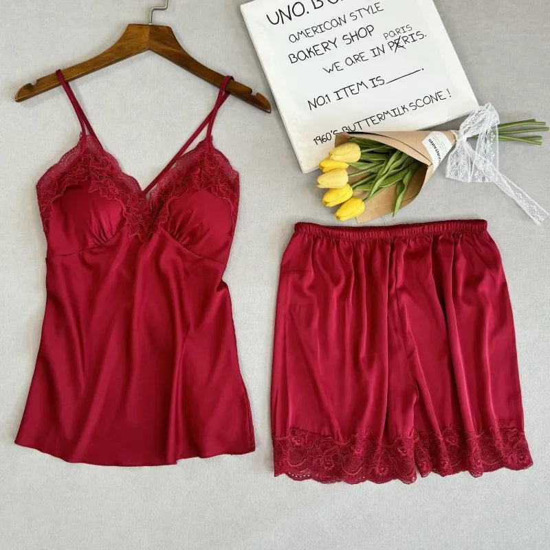 Wedding Bridesmaid Team Pajamas Set Lace Patchwork Home Clothes Ice Silk Pyjamas Suit Women Sleepwear Sexy Cami Top&pants